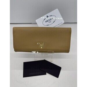 PRADA Saffiano Leather Long Bifold Wallet Beige – Authentic Designer Wallet /37